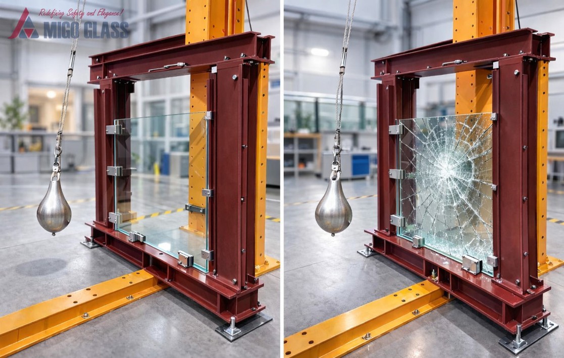 Pendulum Impact Test for Tempered Laminated Glass at MIGO GLASS Pendulum Impact Test for Tempered Laminated Glass at MIGO GLASS